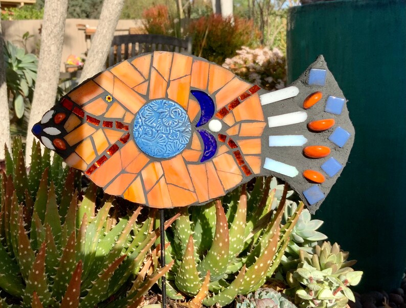 Orange mosaic bird garden art plant stakeyard art