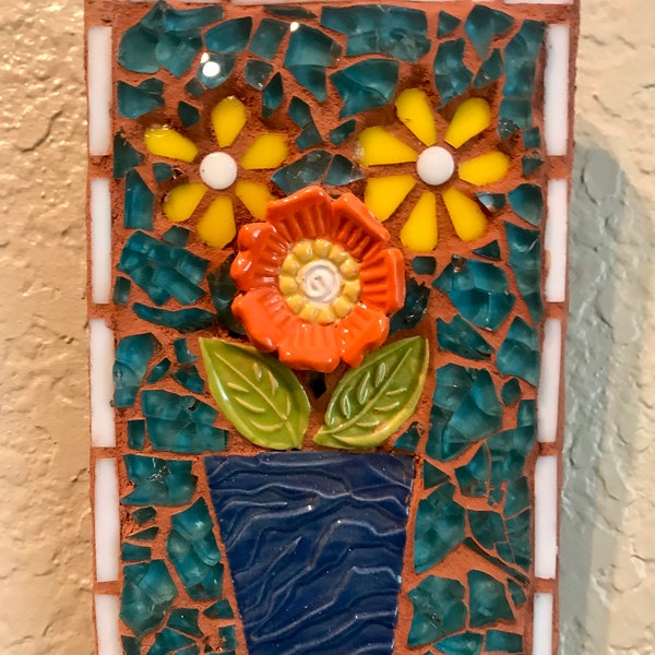 Orange flower pot mosaic wall hanging