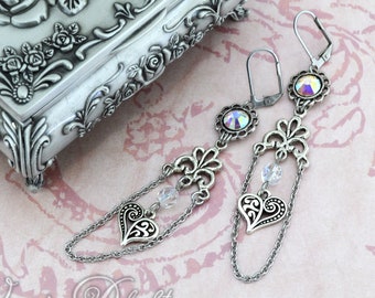 From the heart - Fantasy Victorian Earrings - Iridescent and silver - Elegant Heart Earrings