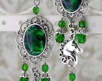 Unicorn Earrings | Mystical Dreams | Fantasy Earrings, Cameo Earrings, Victorian Earrings, Green Jewelry, Chandelier Earrings, Gift for her