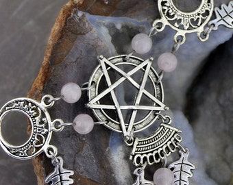 Statement Choker | Natural Magick | Pentacle Choker, Pagan Choker - Black Choker - Rose Quartz Pentagram Necklace, multiple colors available