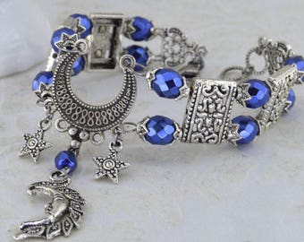 Moon Magick - Celestial Moon Bracelet - Blue and Clear ab with antique silver tone, fantasy bracelet