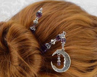 Bella Luna Hair Sticks - Silver and Jet AB Celestial Moon HairSticks, Purple hair sticks