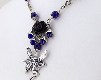 Faery Rose - Gothic Fairy Necklace, Black Rose Necklace, Fantasy Fairy Necklace, Victorian Rose Necklace, Blue Fairy Necklace