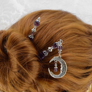 Bella Luna Hair Sticks - Silver and Jet AB Celestial Moon HairSticks, Purple hair sticks