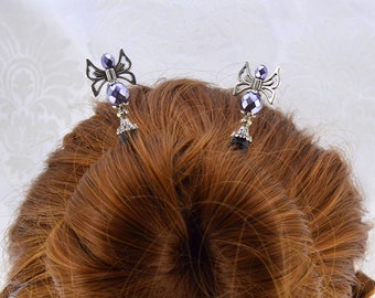 Fae Dreams - Antique Silver, Black, and Lavender Fairy Hairsticks, Green hair sticks, Gray hair sticks