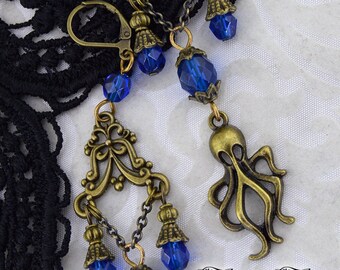Octopus Earrings | Wrath of Cthulhu | Chandelier earrings, Teal Earrings, Steampunk Earrings, Long Earrings, Statement Earrings