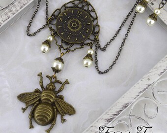 Clockwork Bee - Steampunk Bee Necklace, Clock and bee necklace, ivory and bronze bee necklace, Steampunk Wedding jewelry