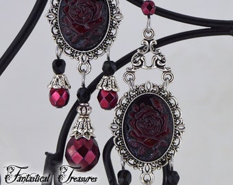 Victorian Elegance -  Plum Purple, Burgundy, black, and antique silver long victorian earrings - elegant victorian earrings SPS