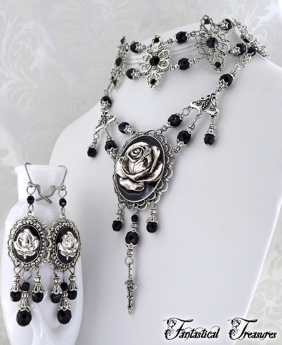 silver and black necklace Metal rose necklace Gothic statement necklace Gothic Delight