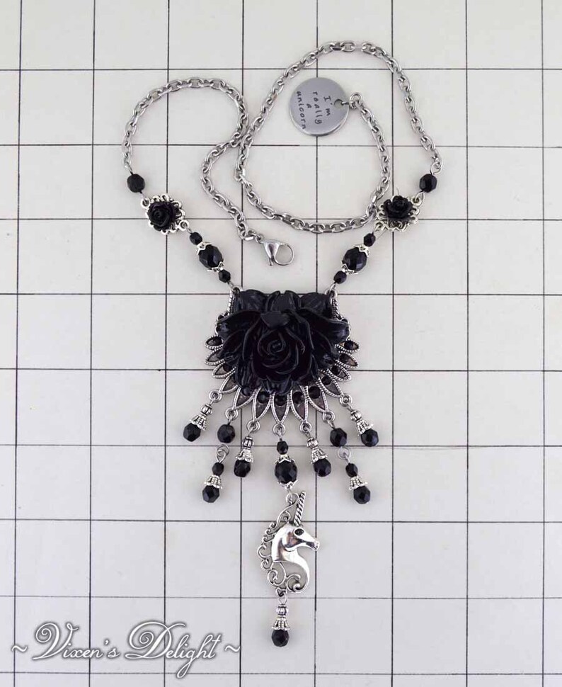 Black Jewelry Unicorn Rose Necklace Black Unicorn Jewelry My Gothic Fantasy Gift for wife Statement Necklace Fairytale Gift