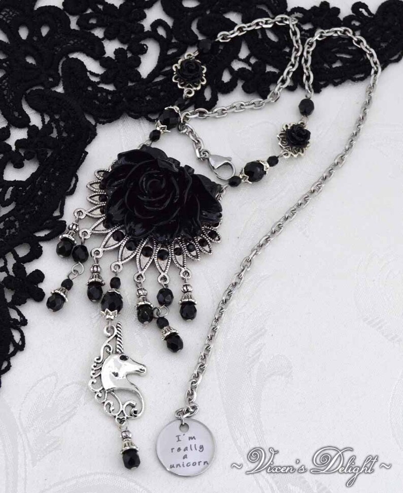 Black Jewelry Unicorn Rose Necklace Black Unicorn Jewelry My Gothic Fantasy Gift for wife Statement Necklace Fairytale Gift