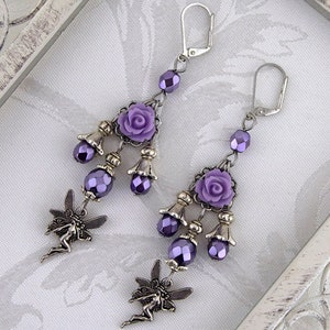 Boucles doreilles féeriques Faery Rose Boucles doreilles lustre Fantaisie Bijoux violets image 1