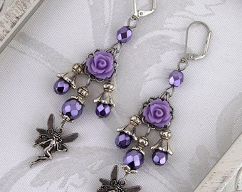 Fairy earrings - Faery Rose - Fantasy chandelier earrings - Purple jewelry