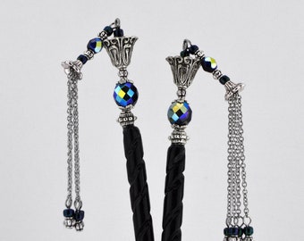 Fae Garden - Antique Silver, Black, and Jet AB Fantasy Hairsticks - dangle flower hairsticks