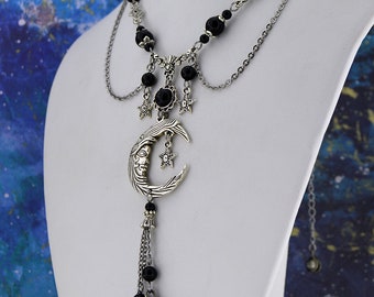Bella Luna Mond Halskette | Boho Mond Halskette, Onyx Mond Halskette, Langmond Halskette, Boho Halskette für Frauen, Mond und Sterne