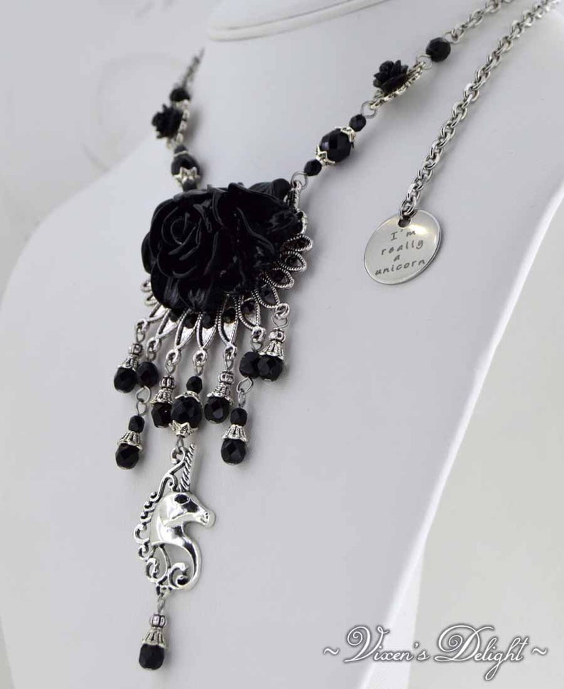 Black Jewelry Unicorn Rose Necklace Black Unicorn Jewelry My Gothic Fantasy Gift for wife Statement Necklace Fairytale Gift