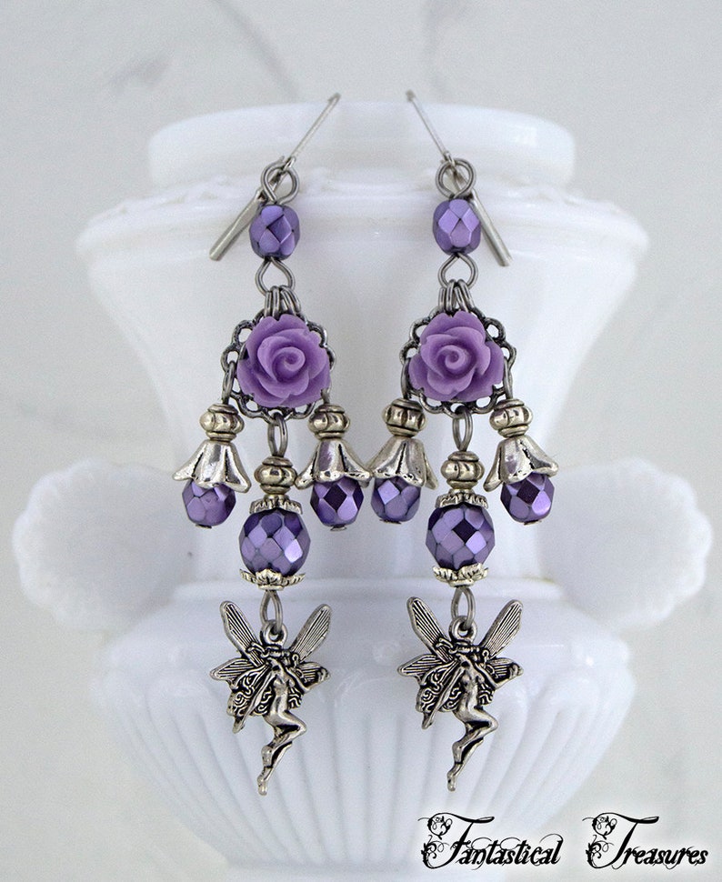 Boucles doreilles féeriques Faery Rose Boucles doreilles lustre Fantaisie Bijoux violets image 3