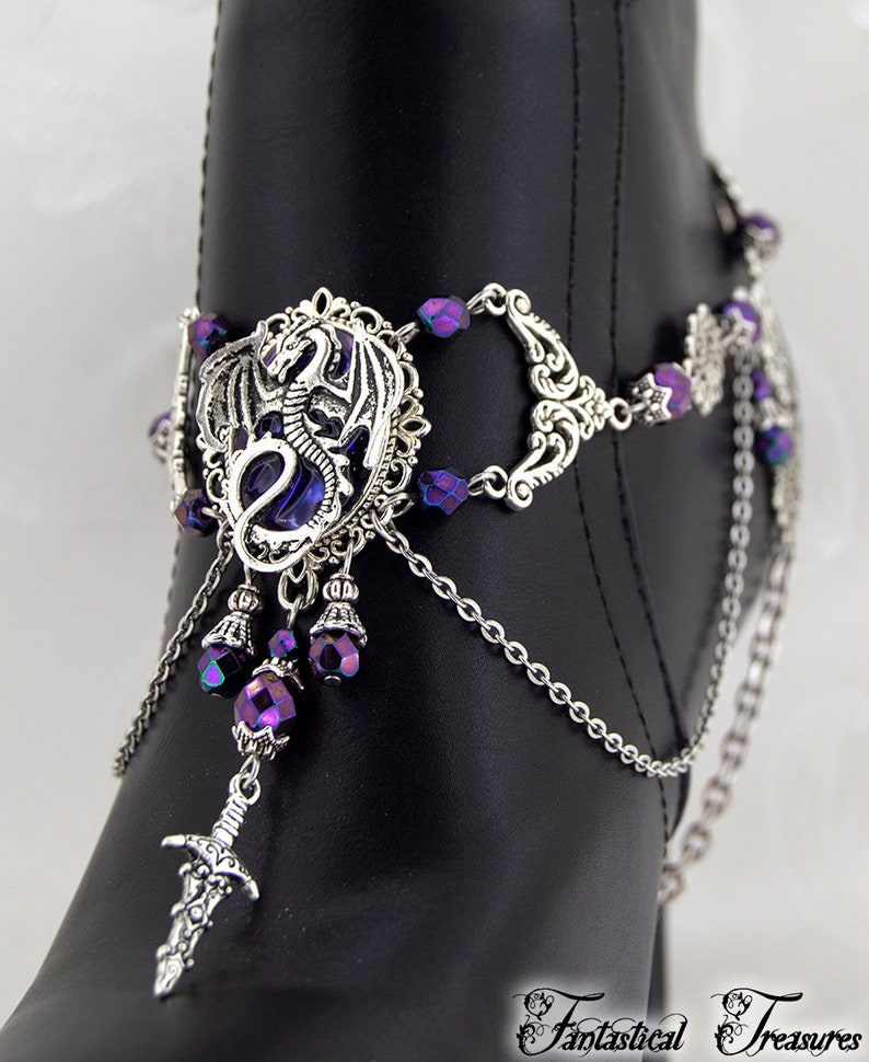 Dragon Boot Jewelry Dragon Charmer Boot Chain, Medieval Jewelry, Dragon Jewelry, statement jewelry, Purple Dragon, Large Jewelry for her image 1