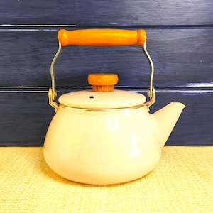 Vintage Pink Enamel Kettle With Wooden Handle