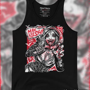 Puede incluir: Camiseta sin mangas negra con un gráfico de una mujer vampiro con el texto "MAN FLESH!" en un bocadillo. El diseño es en rojo y blanco, con el logo "Midnight Monster" en la parte superior e inferior.