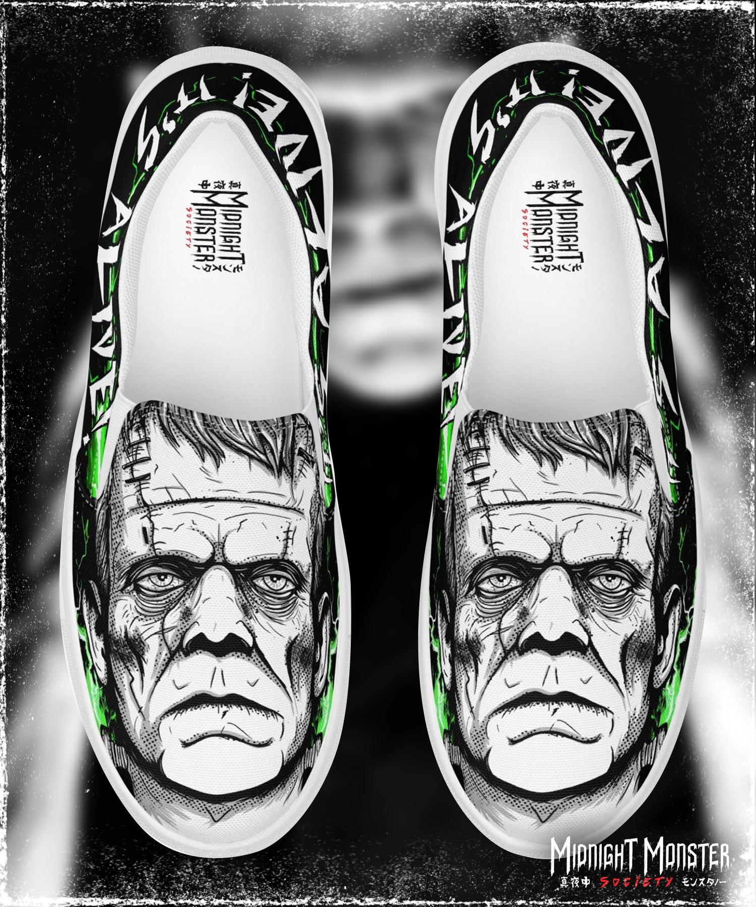 Vans Slip On Shoes Black Green Monster Eyes Graphic Print US Men 8.5 US Women 10 Multiple Skull Head Tile Print Spooky Black Slip on Vans  main image 4