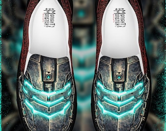 May include: A pair of slip-on sneakers featuring a metallic gray mechanical armor design with glowing cyan light accents. The interior insoles are white and printed with the text Midnight Monster Society. The sides have a dark red textured pattern.