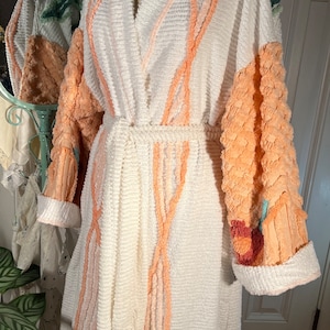 XL heavy “Peach Bow” chenille bathrobe upcycled from vintage chenille bedspreads