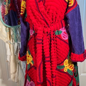3XL glorious and plush Red Hat Society Peacock chenille bathrobe upcycled from vintage hand tufted chenille bedspreads image 6