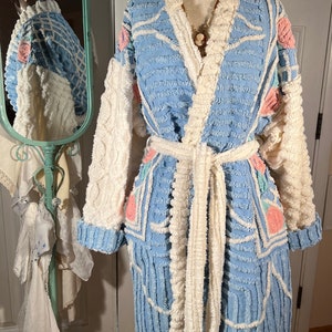 Large plush and heavy “Moonlit Rose  Garden” chenille bathrobe upcycled from vintage chenille bedspreads