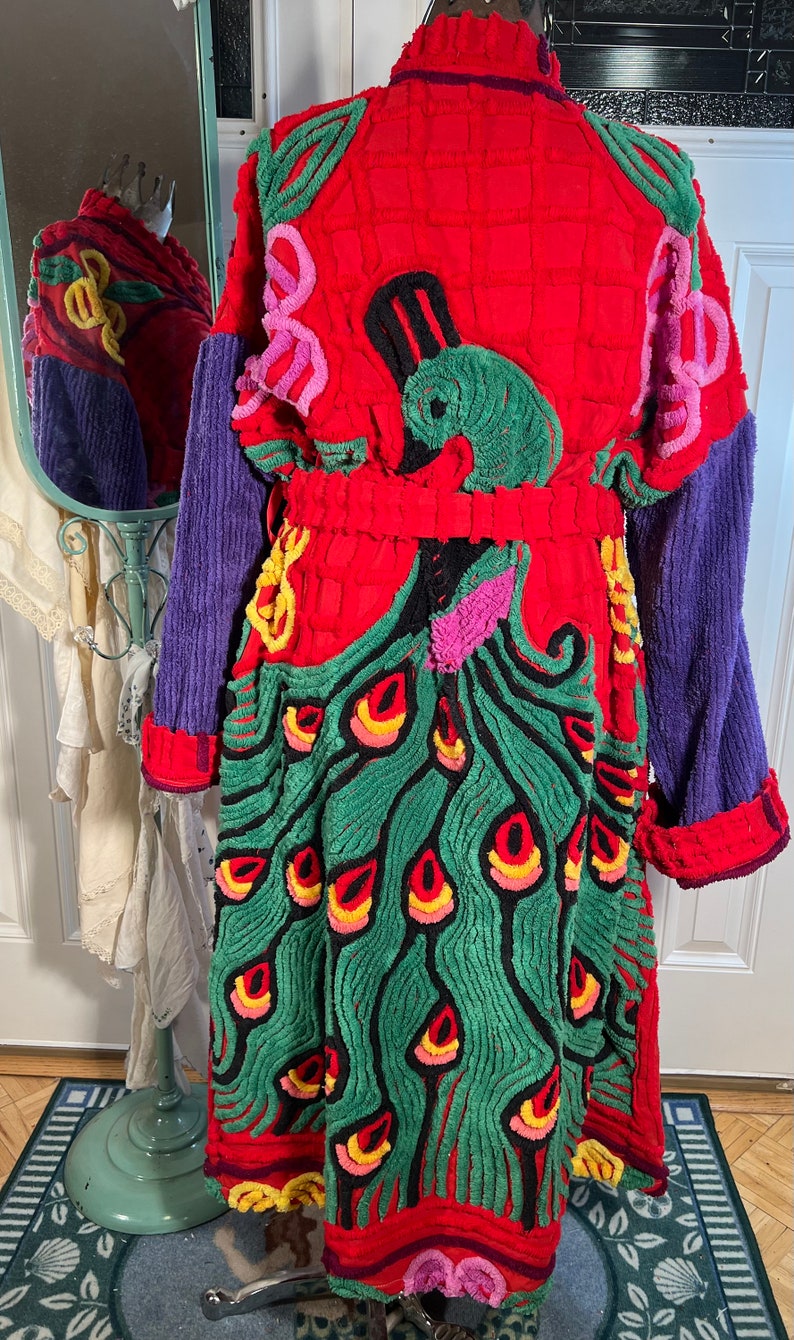 3XL glorious and plush Red Hat Society Peacock chenille bathrobe upcycled from vintage hand tufted chenille bedspreads image 9