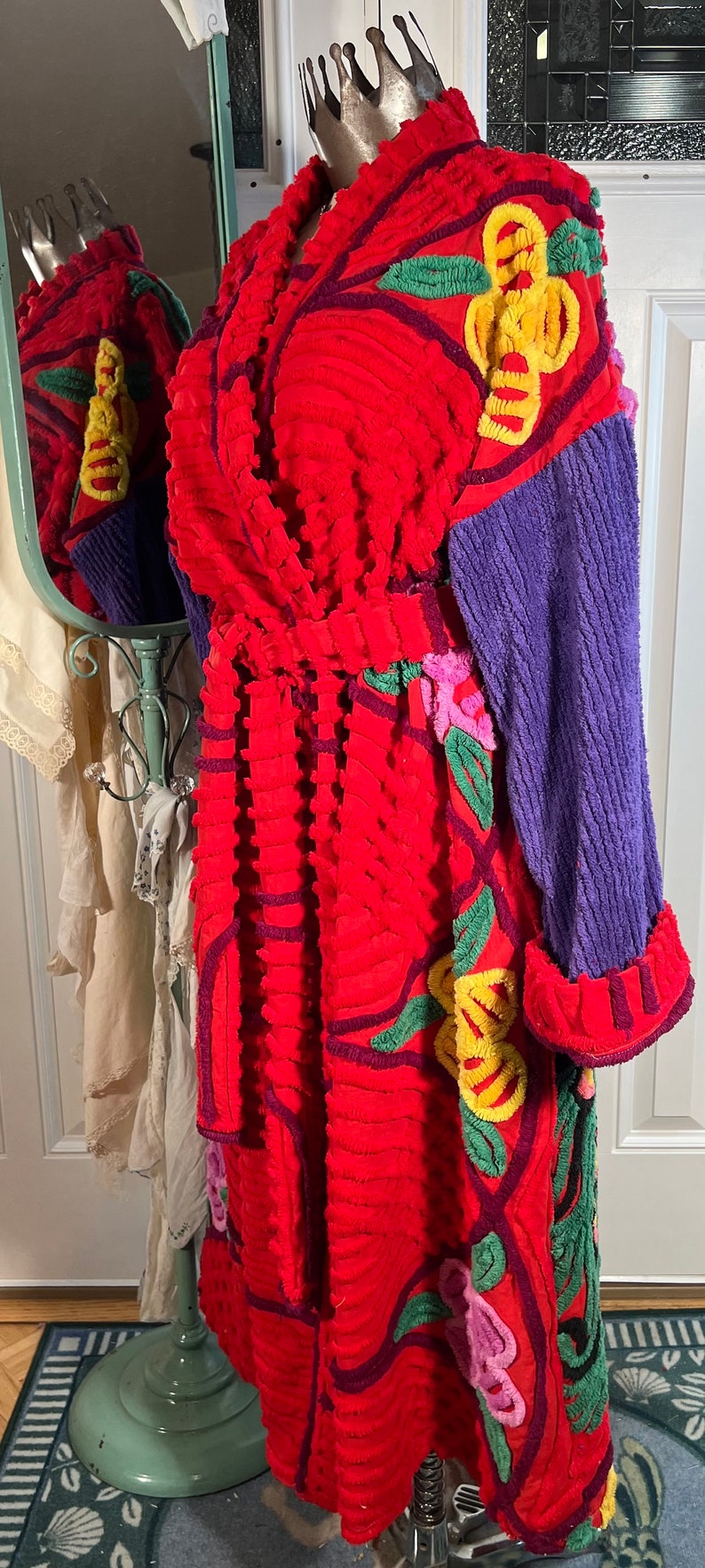 3XL glorious and plush Red Hat Society Peacock chenille bathrobe upcycled from vintage hand tufted chenille bedspreads image 8