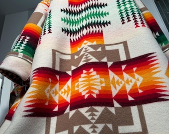 XL long ‘famous maker’ wool coat with hood upcycled from vintage ‘famous maker’ wool blanket please read description