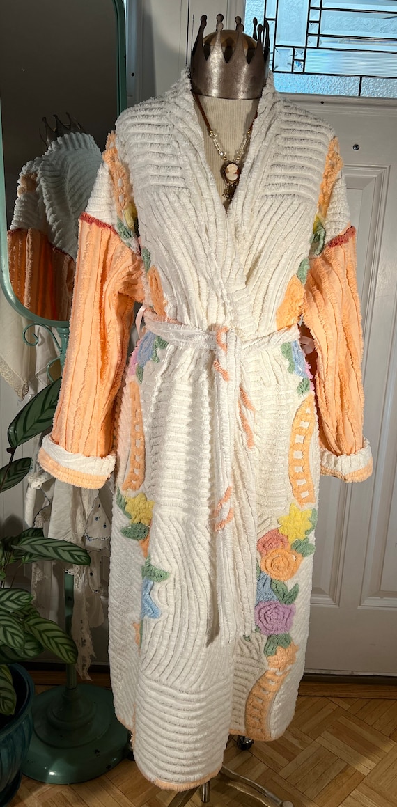 UpcycledGypsy Medium Heavy Peaches and Herb Chenille Bathrobe Upcycled from Vintage Chenille Bedspreads