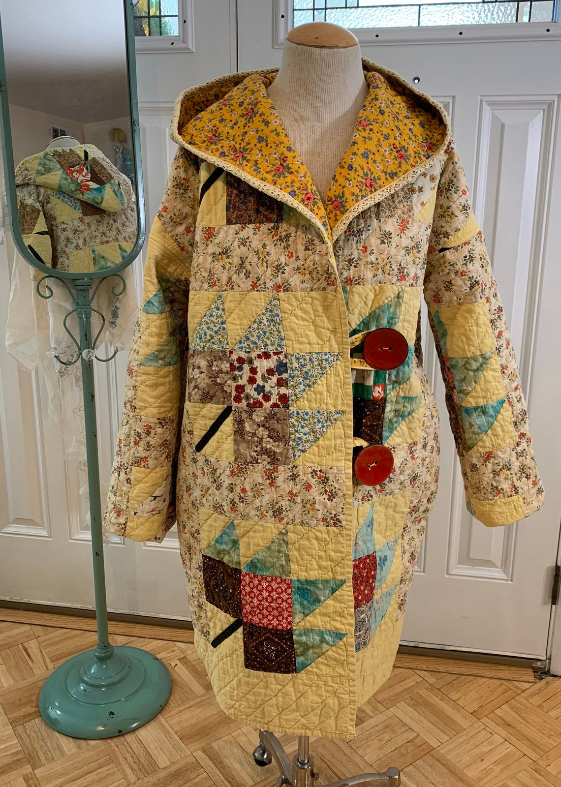 M-L Upcycled handmade quilt coat with hood | Etsy