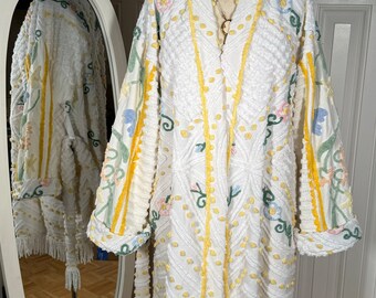 Medium fun and flirty “Fringed Flowers” vintage chenille ‘shorty’ bathrobe upcycled from Needletuft chenille bedspread