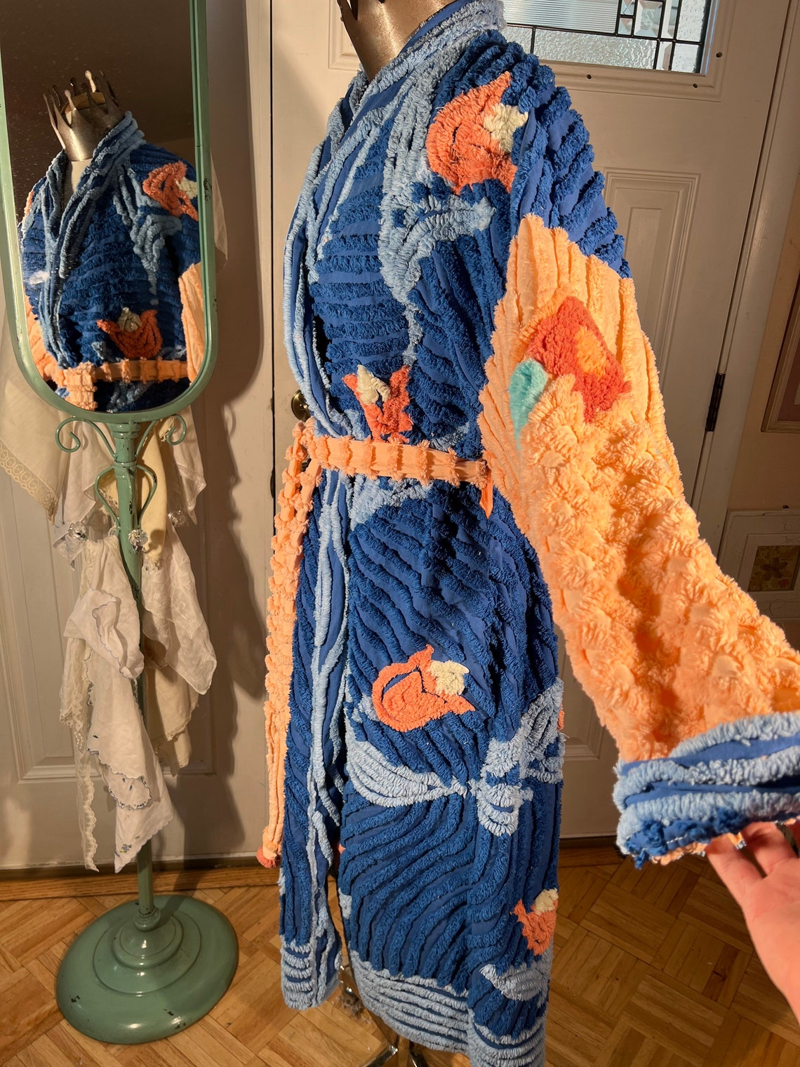 Large Uber plush and heavy “Midnight Blooms” chenille bathrobe upcycled from vintage hand tufted chenille bedspreads image 2