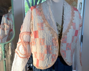 M-L patchwork quilt and chenille jacket Upcycled from vintage