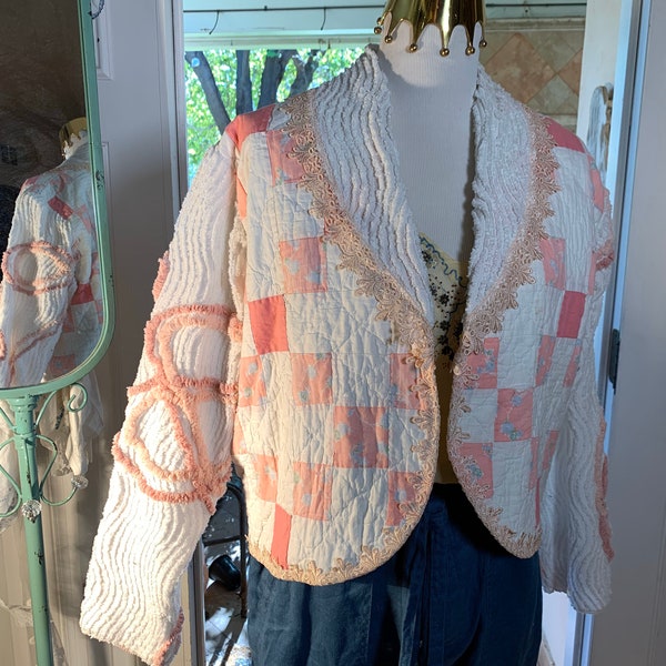 M-L patchwork quilt and chenille jacket Upcycled from vintage
