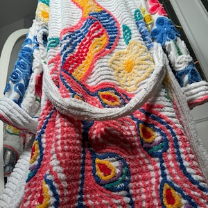 Large heavy “Patriotic Peacock” vintage chenille bathrobe upcycled from hand tufted chenille bedspreads