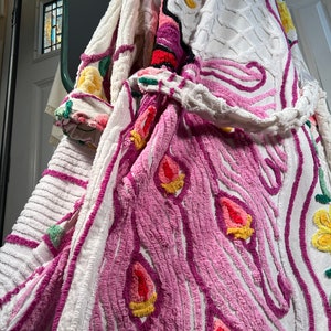 Medium heavy and plush “Pretty Purple Peacock” chenille bathrobe upcycled from vintage chenille bedspreads