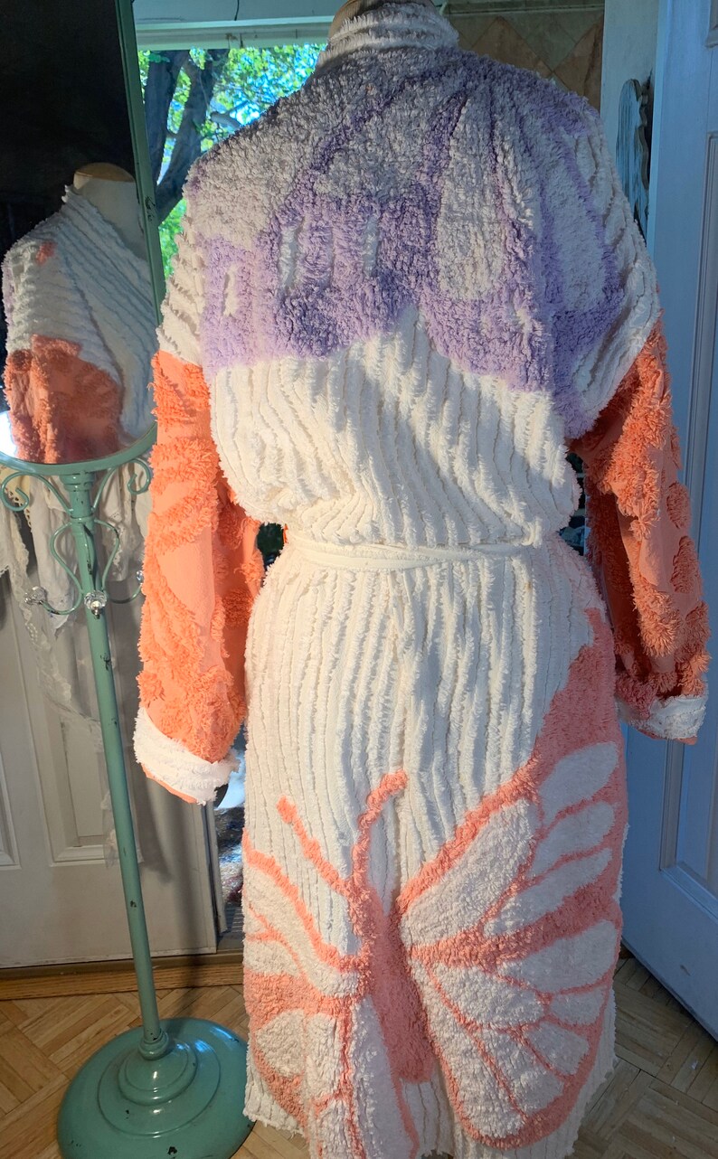 Large peach/lavender butterfly chenille bathrobe Upcycled from Etsy