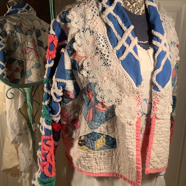 Very shabby vintage quilt jacket made from Upcycled handmade quilt and chenille