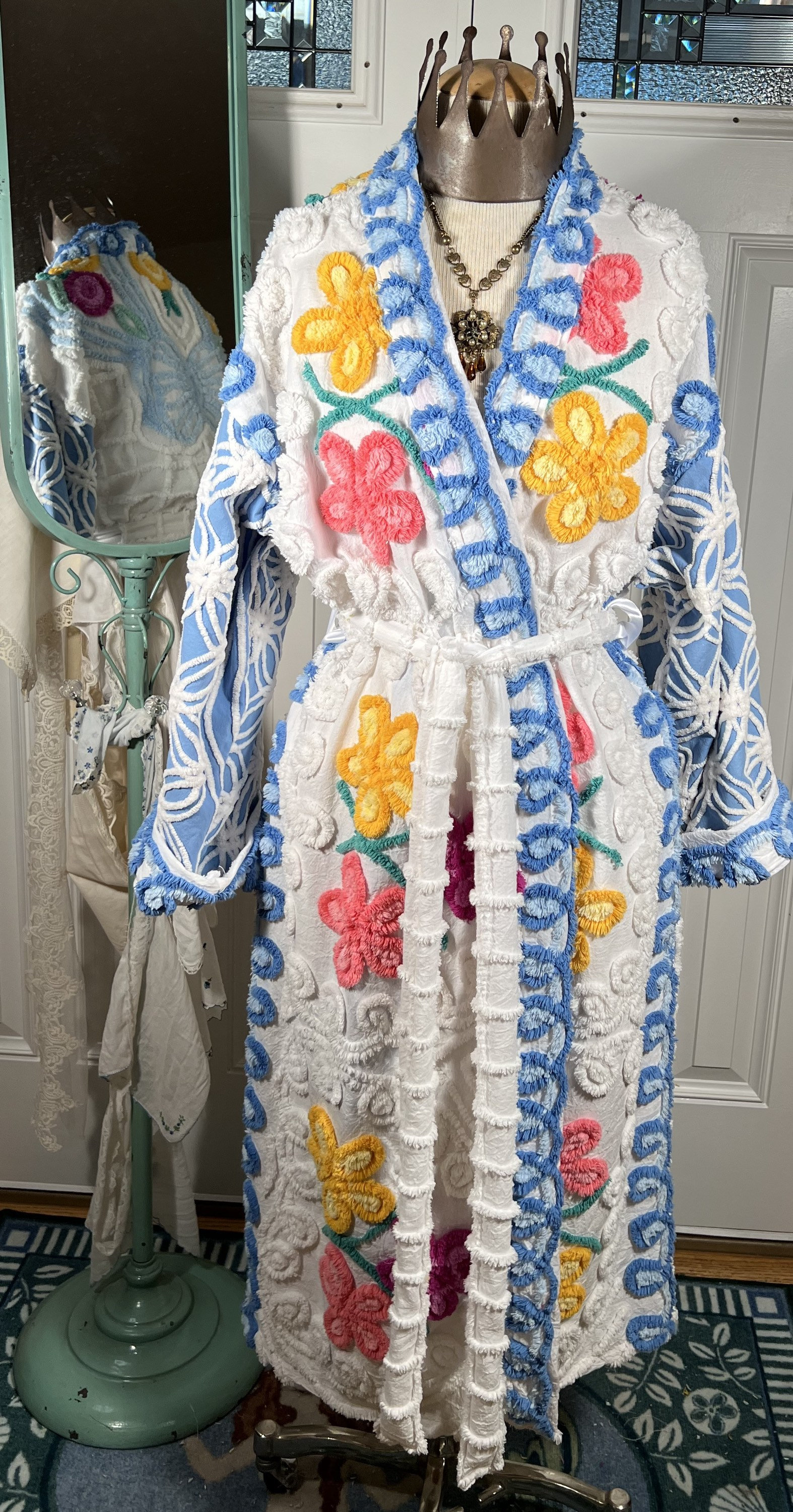 Small plush and soft “Blue Nanny” chenille bathrobe upcycled from vintage  chenille bedspreads