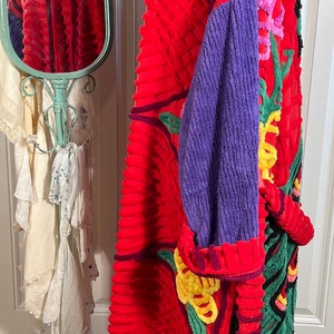 3XL glorious and plush Red Hat Society Peacock chenille bathrobe upcycled from vintage hand tufted chenille bedspreads image 3