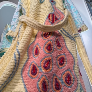 Medium heavy “Two Giant Peacocks” vintage chenille bathrobe upcycled from hand tufted chenille bedspreads