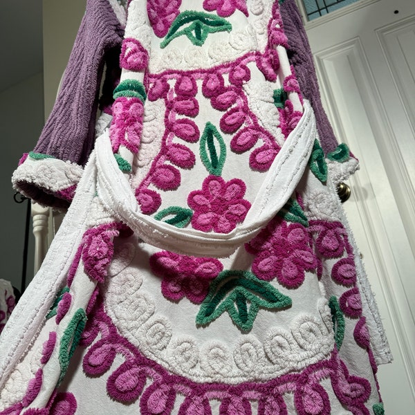XL plush and heavy “Great Grape Nanny” vintage chenille bathrobe cycled from hand tufted vintage chenille bedspreads