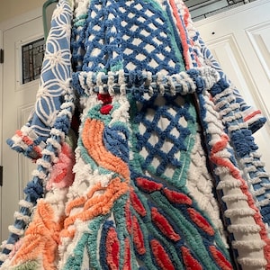 Medium super plush and heavy “Blue Wave Triple Peacock” chenille bathrobe upcycled from vintage hand tufted chenille bedspreads