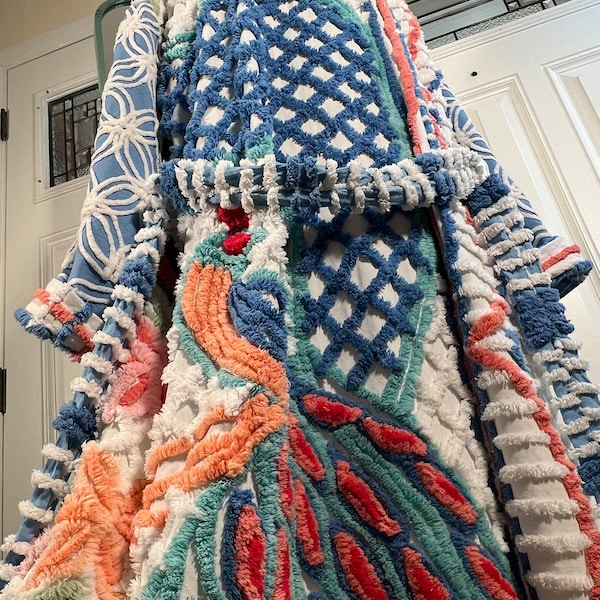 Medium super plush and heavy “Blue Wave Triple Peacock” chenille bathrobe upcycled from vintage hand tufted chenille bedspreads