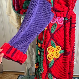 3XL glorious and plush Red Hat Society Peacock chenille bathrobe upcycled from vintage hand tufted chenille bedspreads image 7